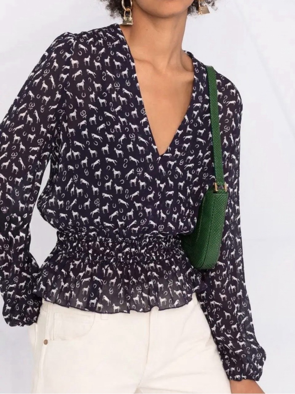 Maje Chiffon Horse Print V-Neck Peplum Blouse Size 2
